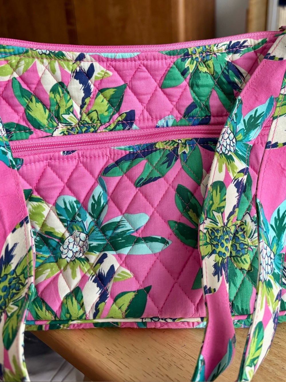 Vera Bradley Pink Quilted Crossbody Bag with Green Floral Print